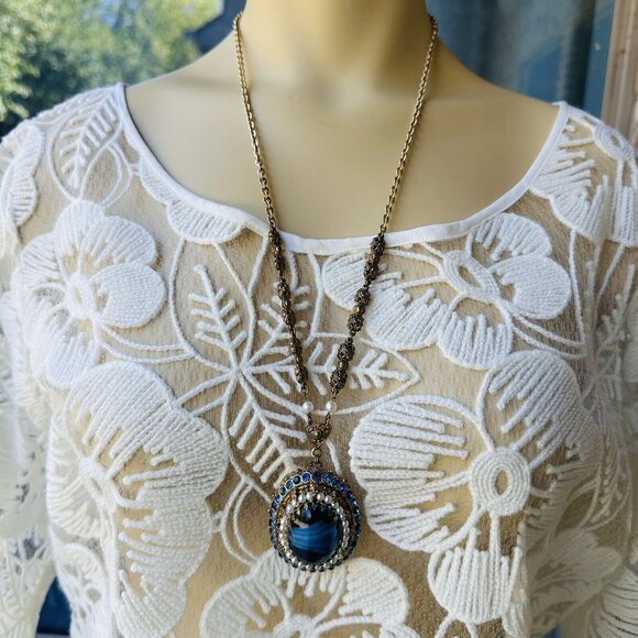 VTG Pendant Necklace 26" W Germany Porphyry Blue Art Glass Filigree Faux Pearl - Picture 3 of 12
